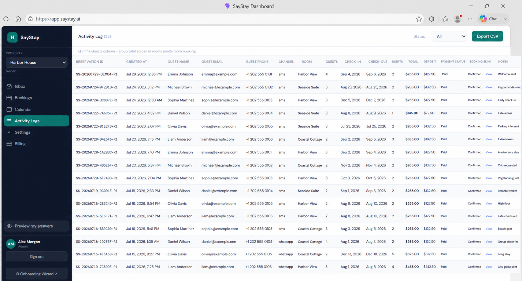 SayStay activity log populated with fictional reservation records
