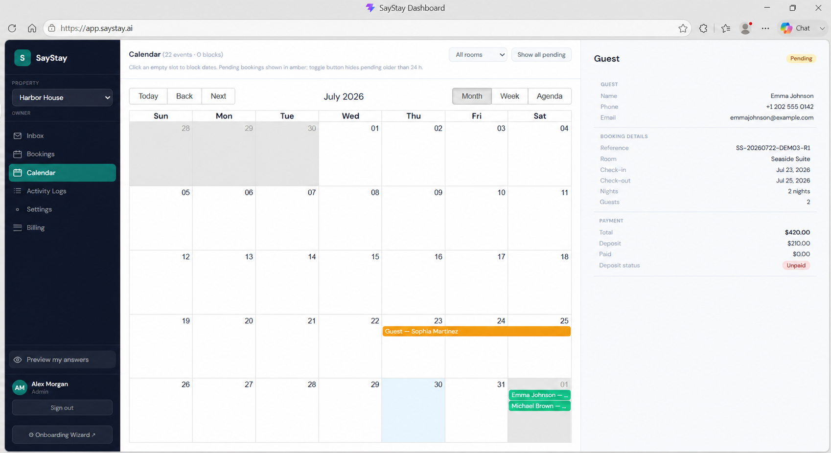 SayStay availability calendar with fictional reservations