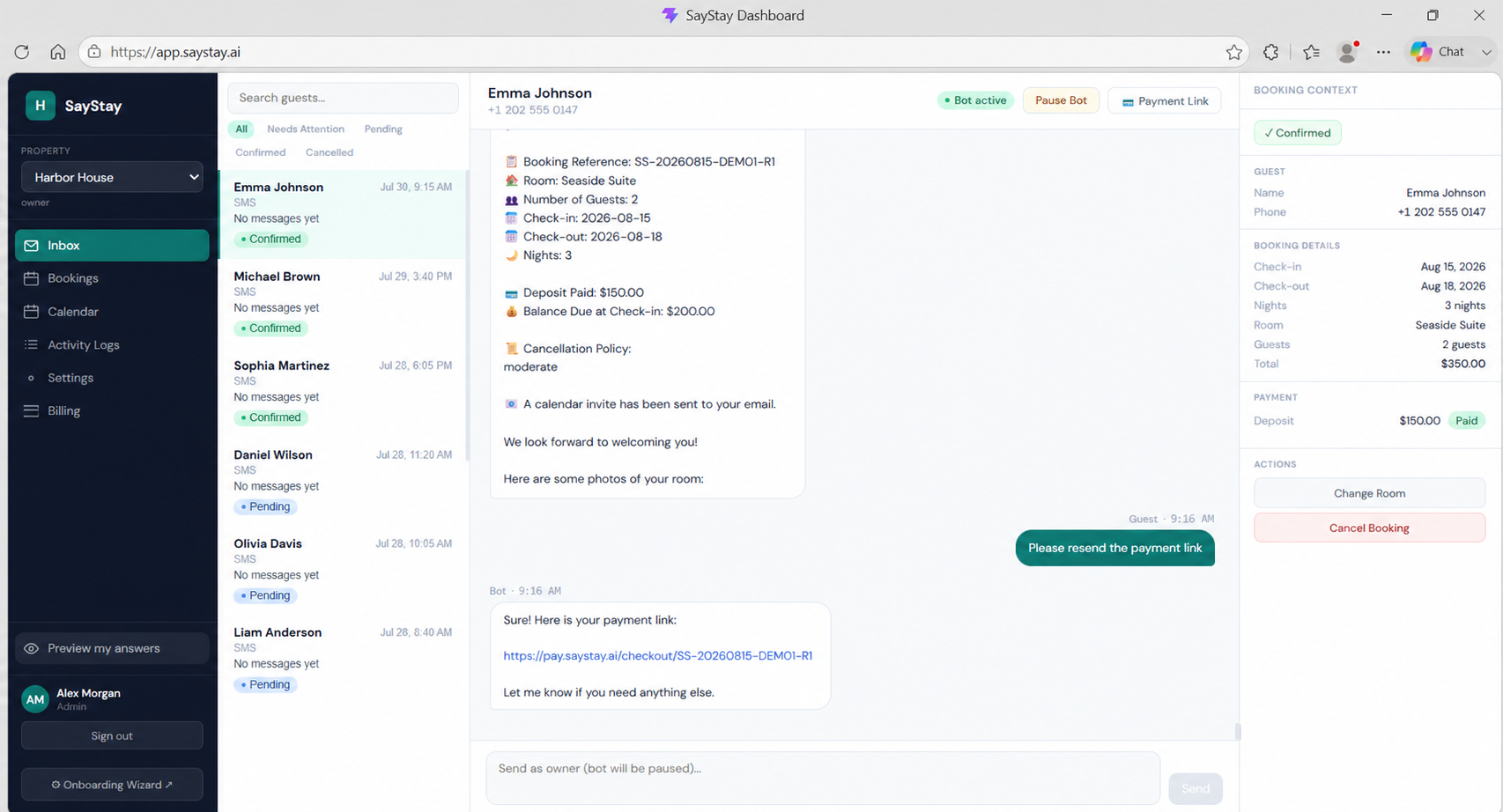 SayStay owner dashboard with fictional guest conversations and reservation context
