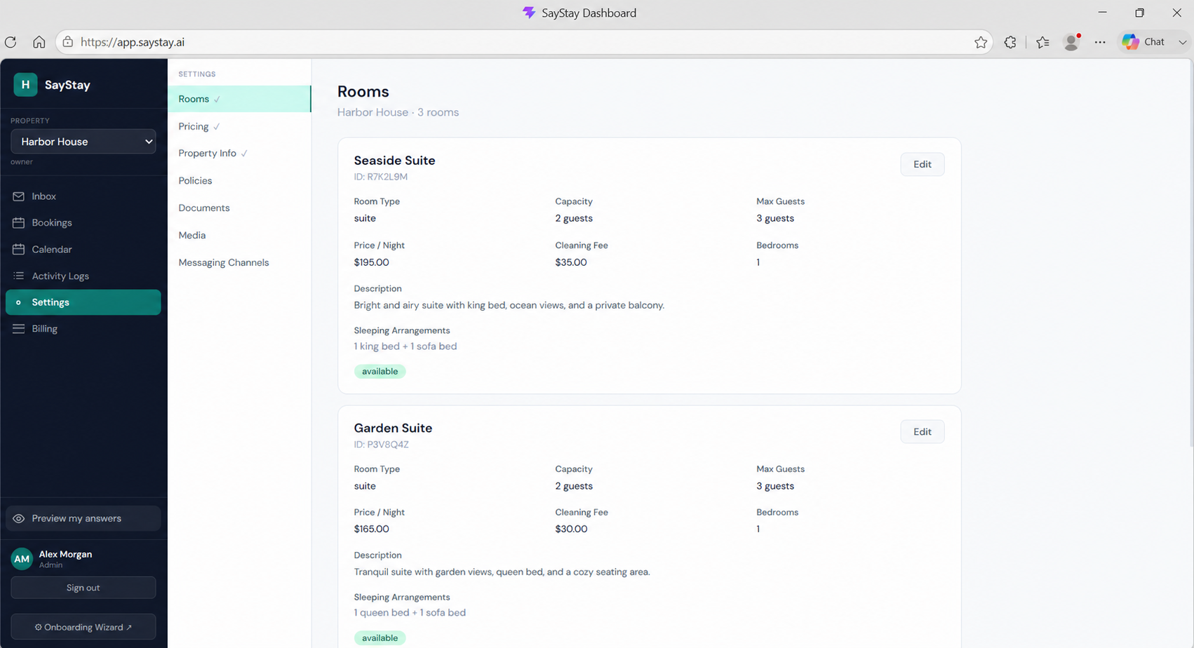 SayStay property settings for the fictional Harbor House demonstration property