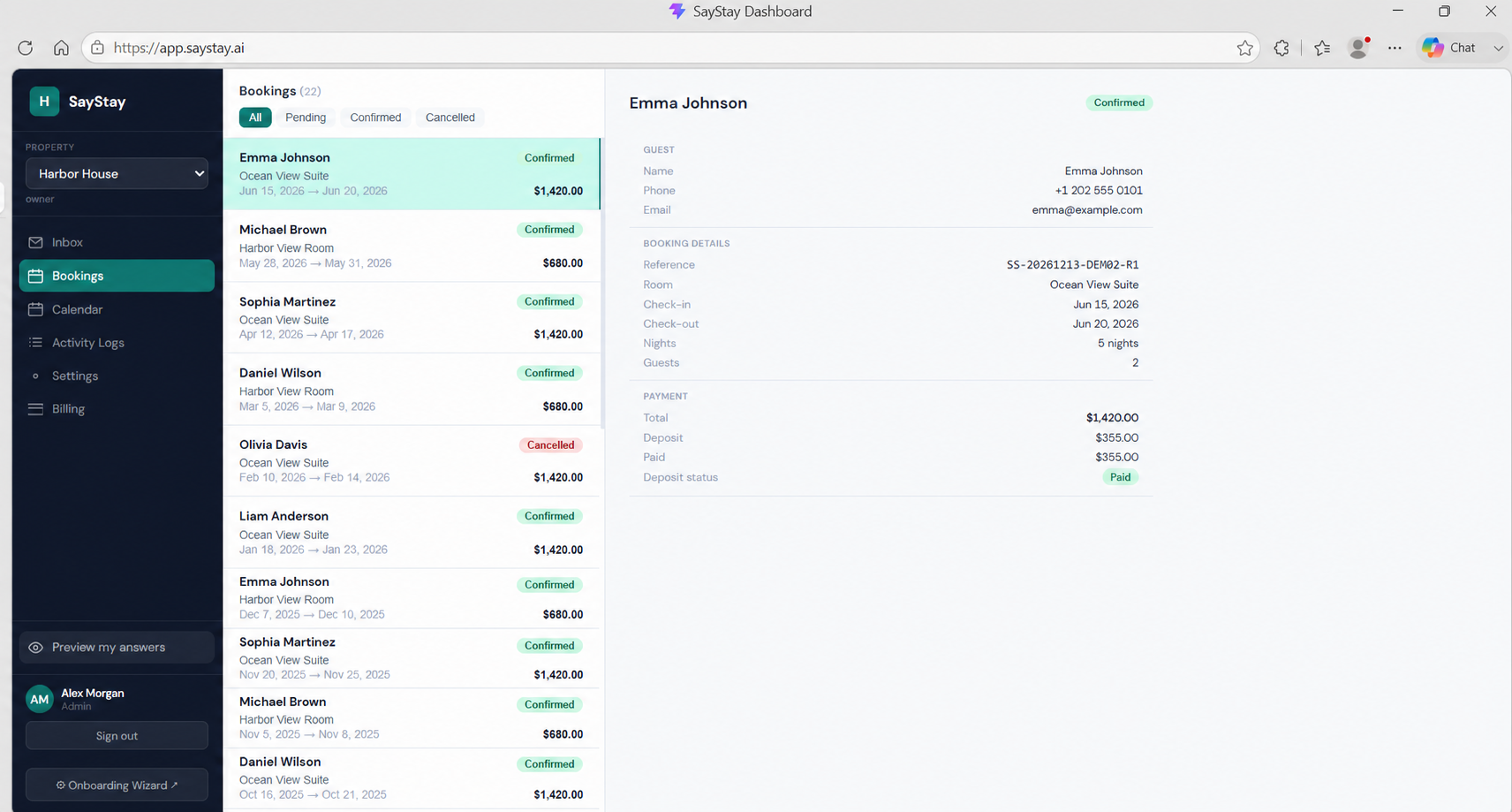 SayStay reservation management dashboard using fictional guest data