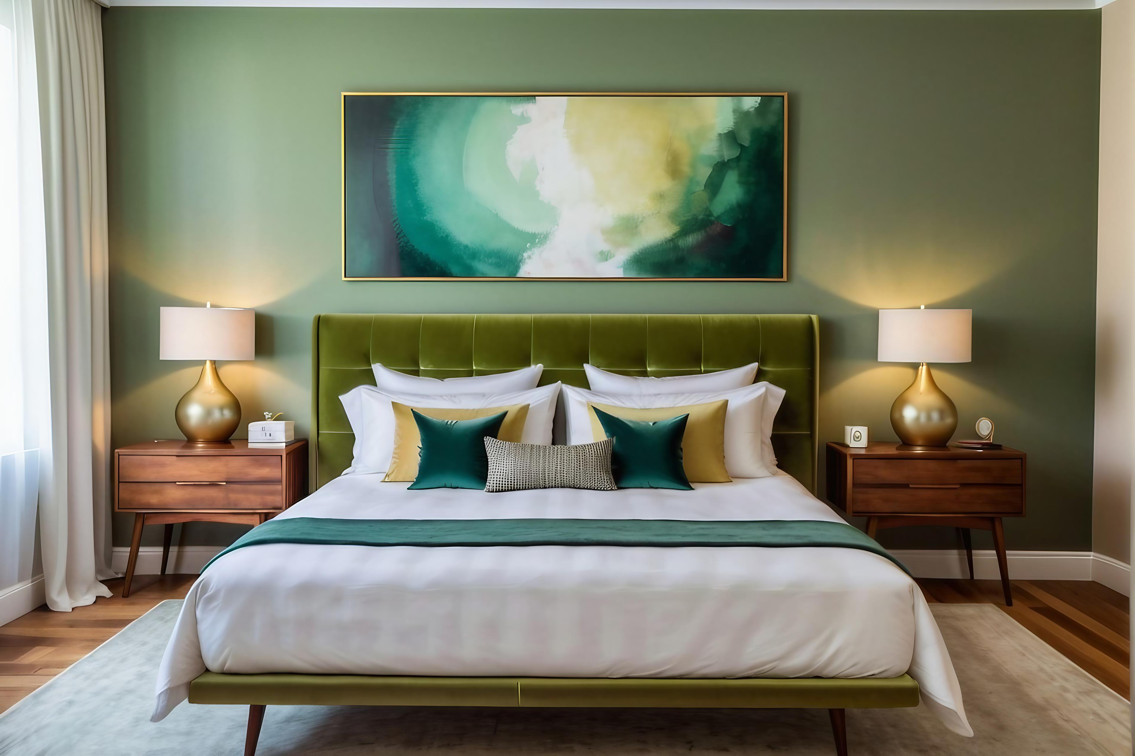 Warm green boutique hotel guest room
