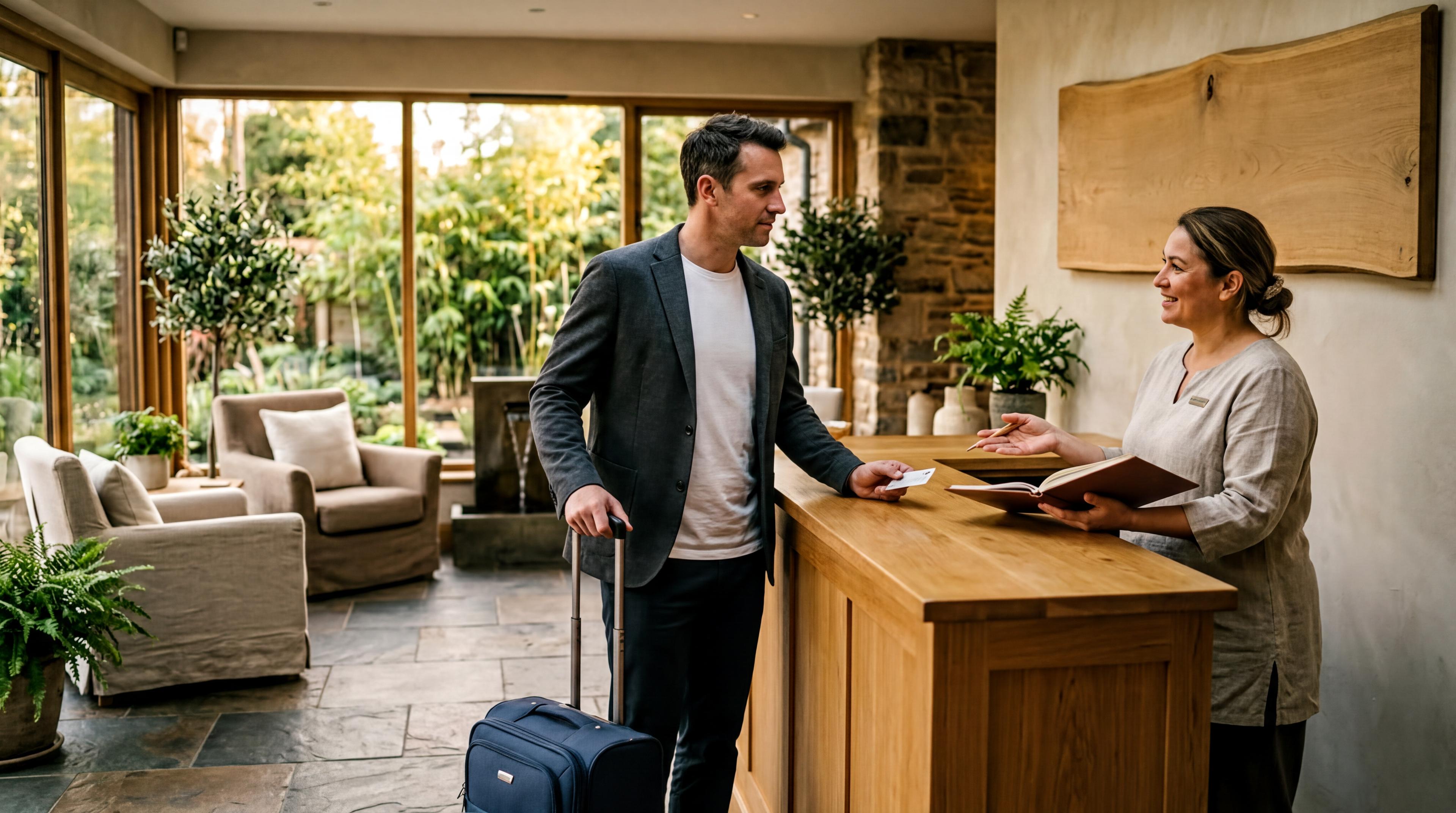 Hotel host welcoming a guest at an independent property reception desk