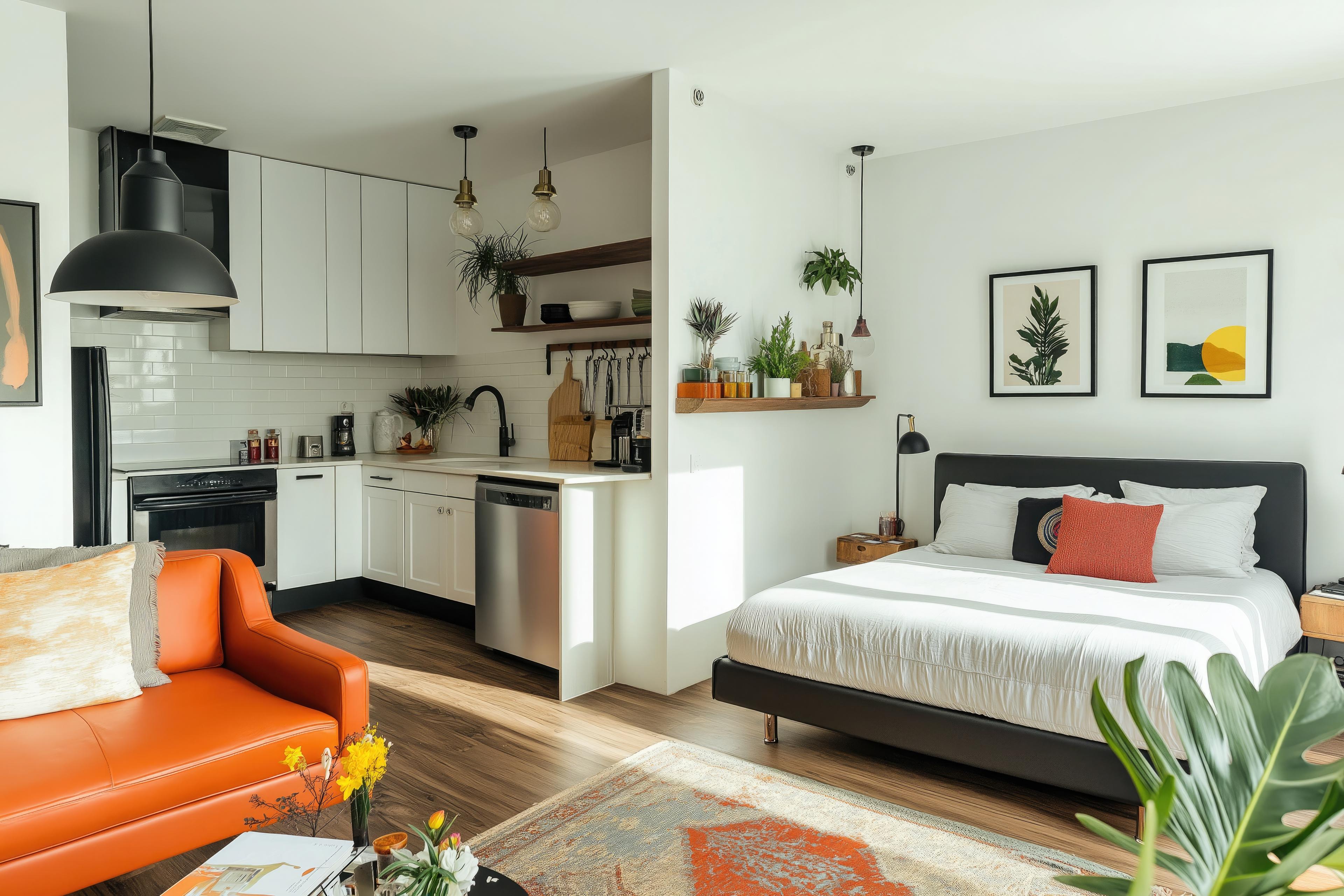 Bright apartment-style guest room with a compact kitchen