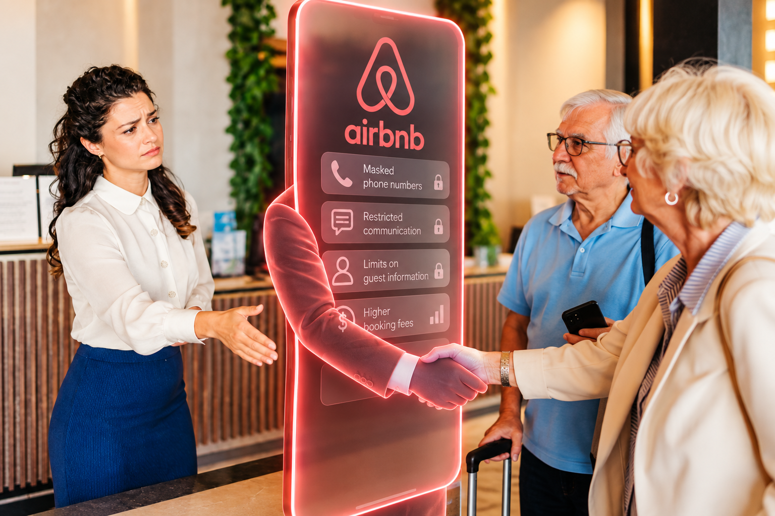 Conceptual illustration of an Airbnb phone-shaped barrier between a hotel receptionist and guests, showing communication and booking restrictions.
